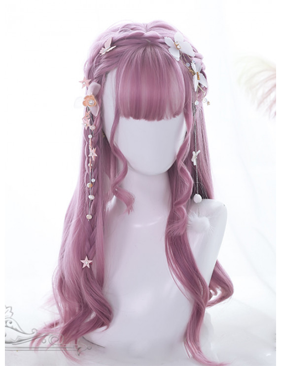 Sweet Lolita Wig Pink Long Curly Synthetic Hair Party Wig Air Bangs