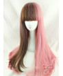 Sweet Lolita Wig Long Straight Brown And Pink Double Spelling Color Synthetic Hair Party Wig Neat Bangs