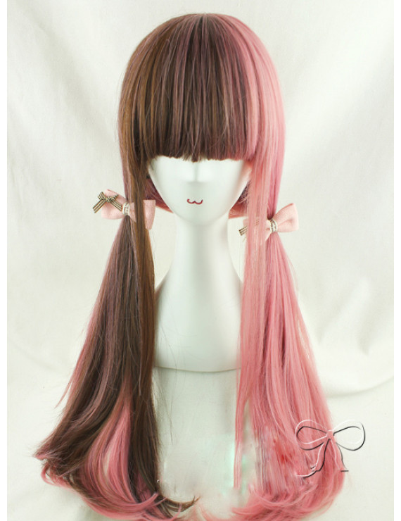 Sweet Lolita Wig Long Straight Brown And Pink Double Spelling Color Synthetic Hair Party Wig Neat Bangs