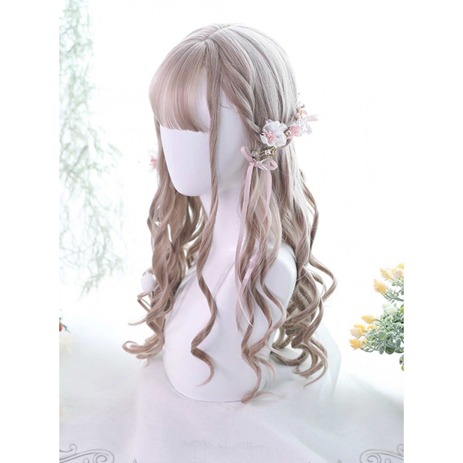 Classic Lolita Wig Milk Tea Color Long Curly Synthetic Hair Party Wigs ...