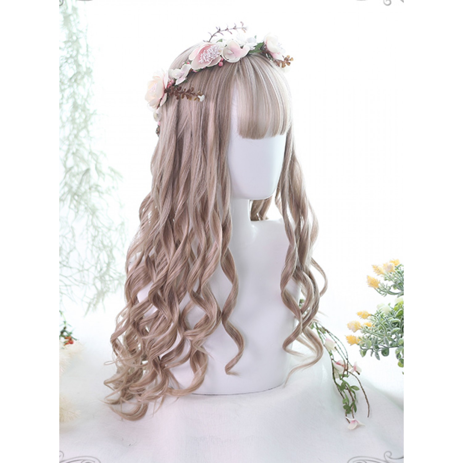 Classic Lolita Wig Milk Tea Color Long Curly Synthetic Hair Party Wigs ...