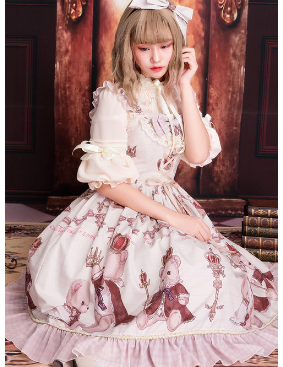 Summer Chiffon Classic Lolita Sling Dress Sleeve Coronation Bear Series JSK Chiffon Dress