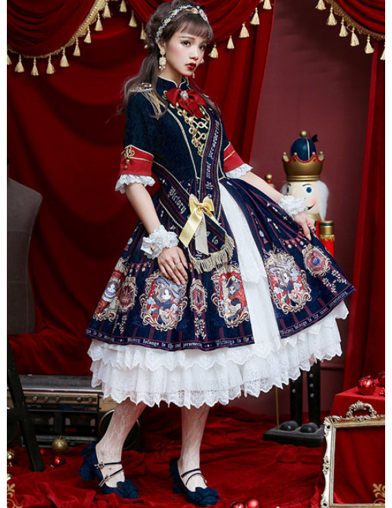 Winter Lolita Dress Light Blue Long Sleeve The Gallery Series OP Printing Dress