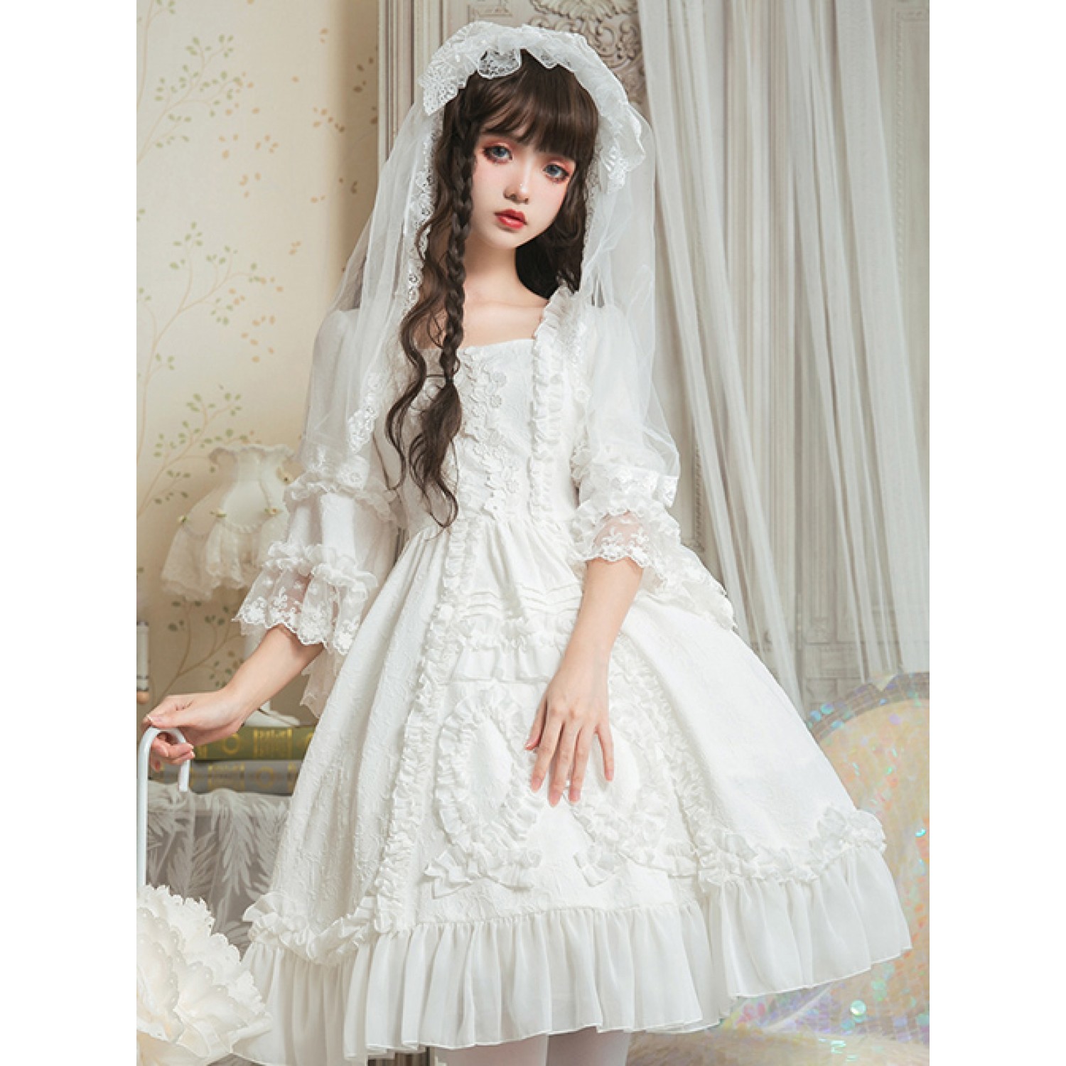 pure white dress with sleeves