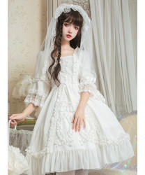 Classic Lolita Wedding Dress Pure White Retro Gorgeous Three Quarter Sleeve White Dress