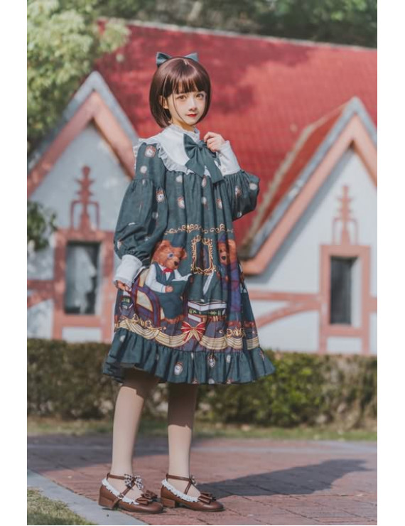 Sweet Lolita Dresses Long Sleeve Detective Bear OP Dress