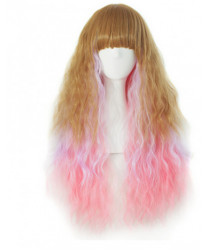 Chocolate pink sweet lolita wig wavy split with pangs and two ponytails