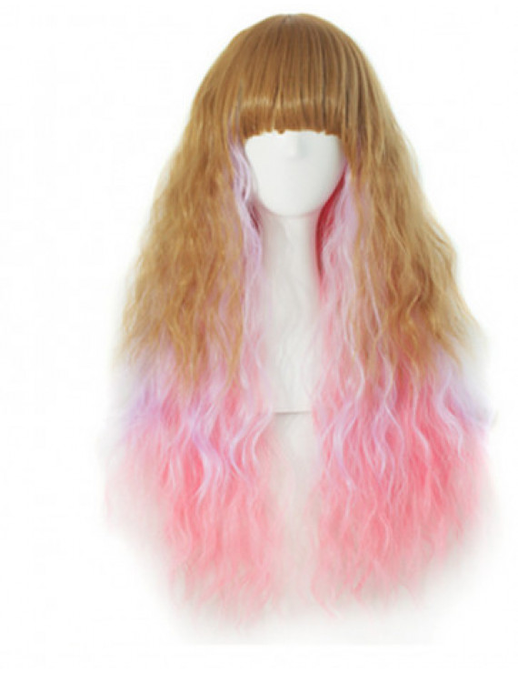 Chocolate pink sweet lolita wig wavy split with pangs and two ponytails