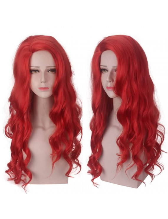 Long Bright Red Curly Wave women Mera cosplay costume Wigs