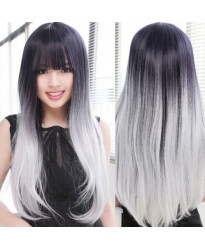 Lolita Daily Wig Black silvery Long Straight Lolita Gradient Wig