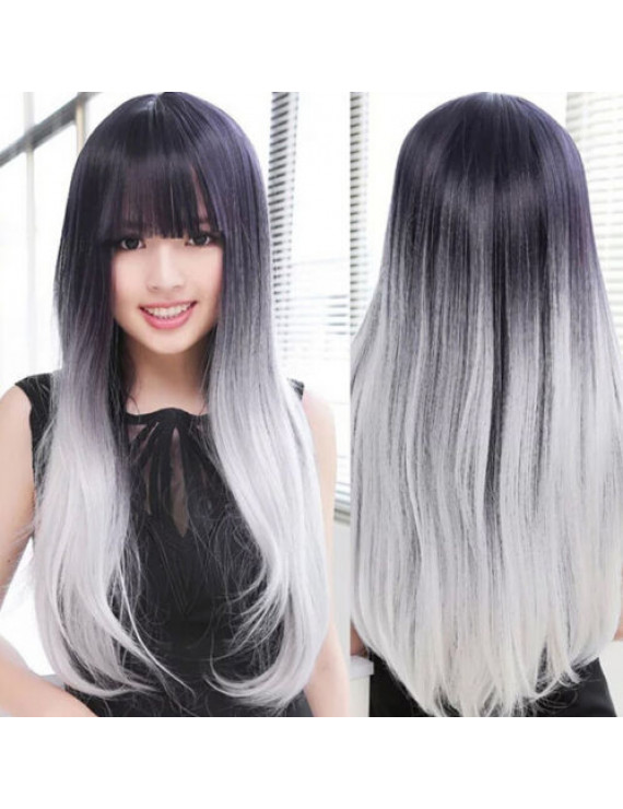 Lolita Daily Wig Black silvery Long Straight Lolita Gradient Wig