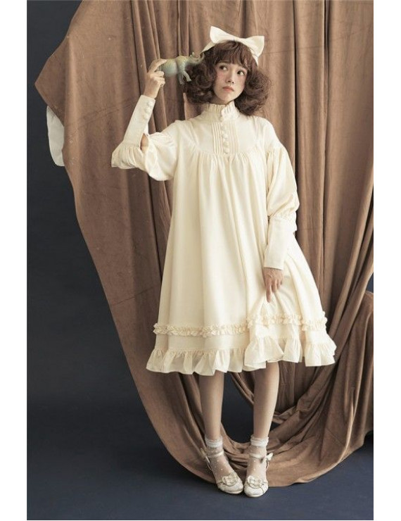 Standing Collar Long Sleeves Vintage Unicolor Babydoll Style Lolita Dress