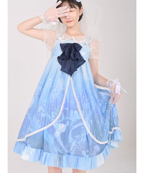 Marine Series Whale and Jellyfish Print Classic Lolita Blue Sling Dress