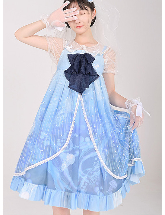 Marine Series Whale and Jellyfish Print Classic Lolita Blue Sling Dress