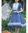 White Lace Ruffle Hem Blue Elegant OP Classic Lolita Short Sleeve Dress