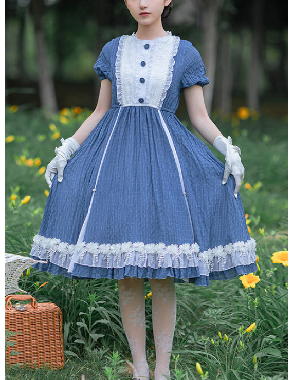 White Lace Ruffle Hem Blue Elegant OP Classic Lolita Short Sleeve Dress