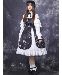 Chinese Style Black Printing Classic Lolita White Long Sleeve Dress