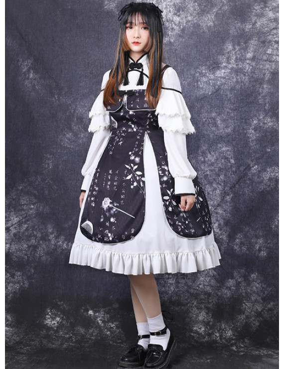 Chinese Style Black Printing Classic Lolita White Long Sleeve Dress