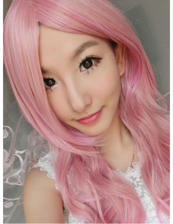 Pink with Gold Long Curly Heat Resistant Fiber Sweet Lolita Wig
