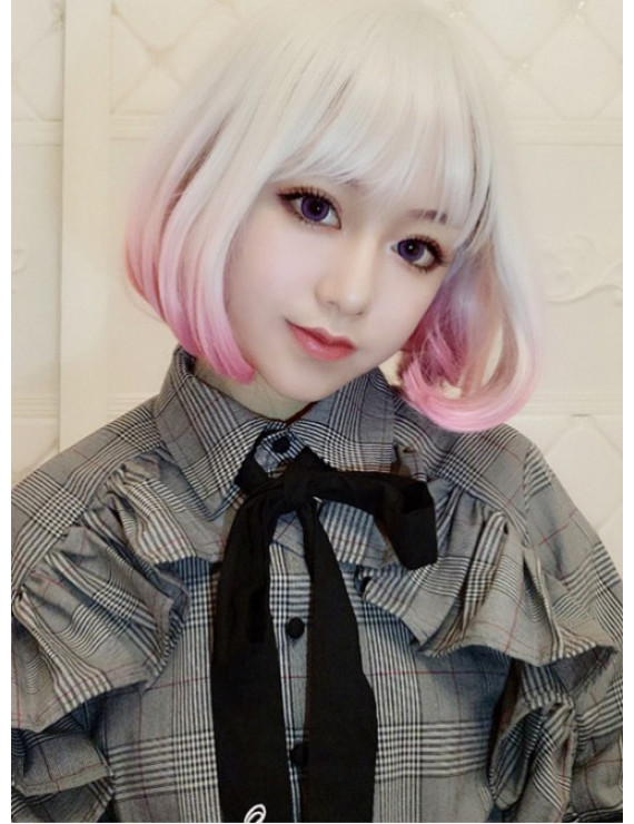 Short Curly Hair Silver Pink Gradient Lolita Wig