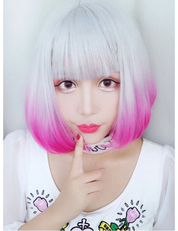 Silver Pink Gradient Haircut Short Curly Hair Lolita Wig