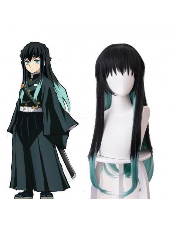 Demon Slayer Antarcticite Cosplay Wig Green Mixed Black Straight Anime Styled Wig