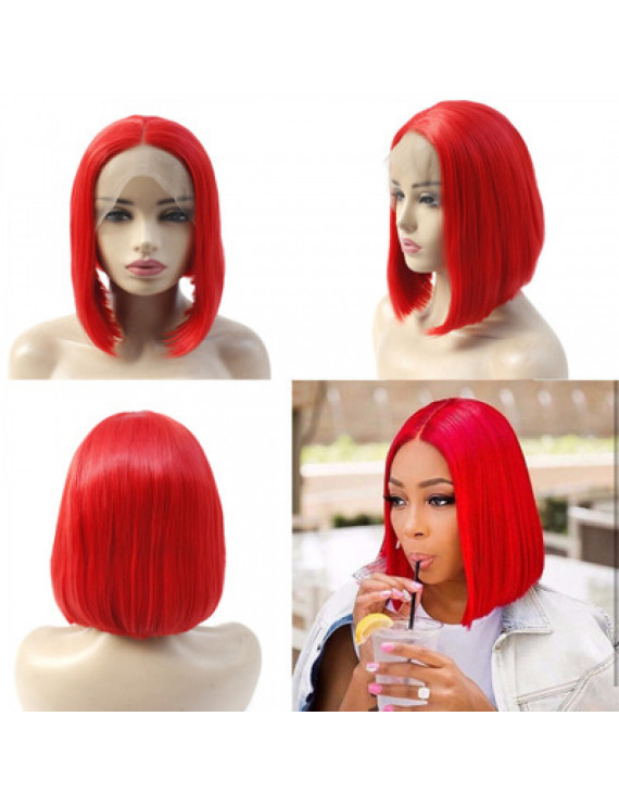 Dark Red Short Straight Bob Synthetic Hair Lace Front Wig