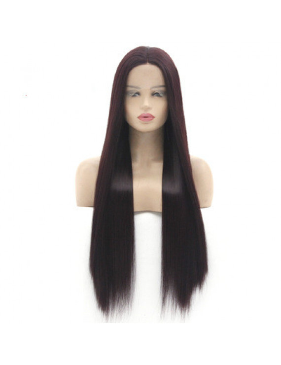 Red Wine Long Straight Synthetic Hair Lace Front Wig Middle Part Bangs