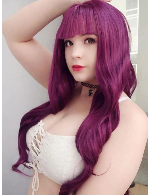 Long Purple Wavy Synthetic Lace Front Wigs with Bangs