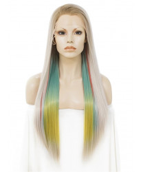 Long Colorful Synthetic Lace Front Wigs Rainbow Cosstume Wig 24 Inch