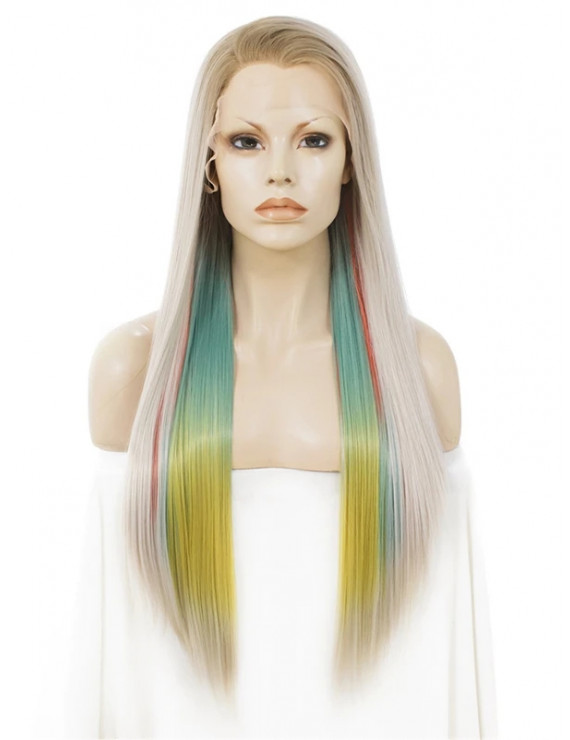 Long Colorful Synthetic Lace Front Wigs Rainbow Cosstume Wig 24 Inch