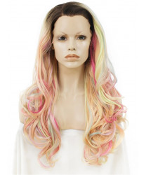 Long Wavy Colorful Synthetic Wigs rainbow Lace Front Wigs 24 Inch