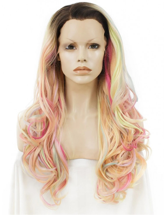 Long Wavy Colorful Synthetic Wigs rainbow Lace Front Wigs 24 Inch