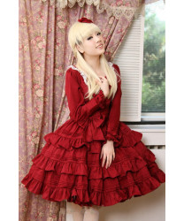 Wine Red long sleeve Wine Red Flounced Classic Lolita Dress