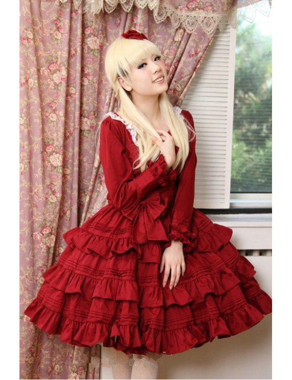 Wine Red long sleeve Wine Red Flounced Classic Lolita Dress