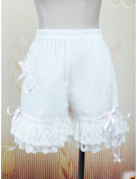 white cotton lace trimmed heart pocket bow ribbon Lolita shorts