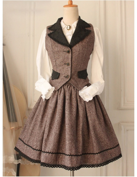 Retro style college wind wool vest vest skirt coffee lolita dress