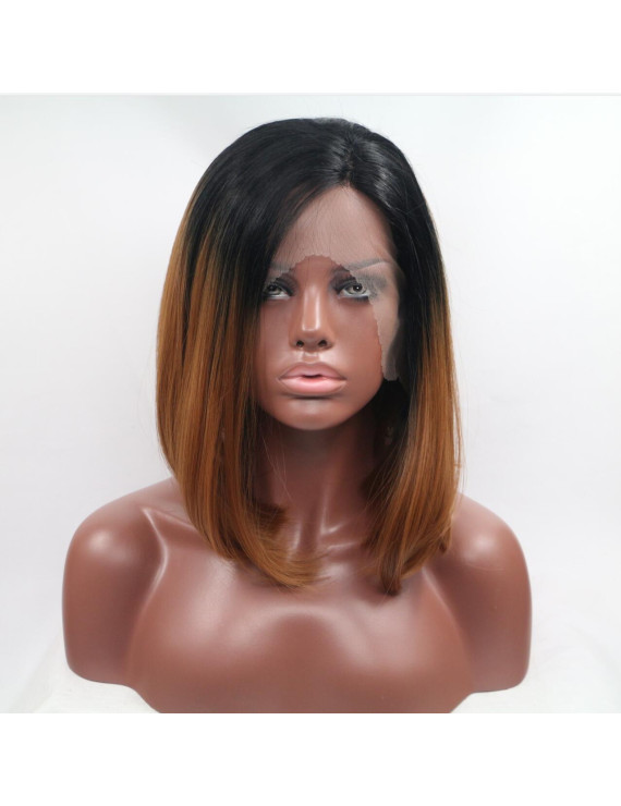Short Straight Synthetic Hair Lace Front Wig Brown Ombre Wig