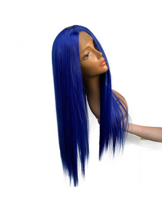 24 inch long Straight Blue color Synthetic Lace Wig