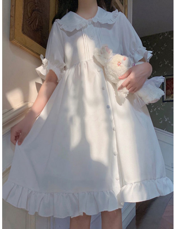 Sweet Short Sleeve Chiffon Lolita OP Dress  White One Piece Dresses