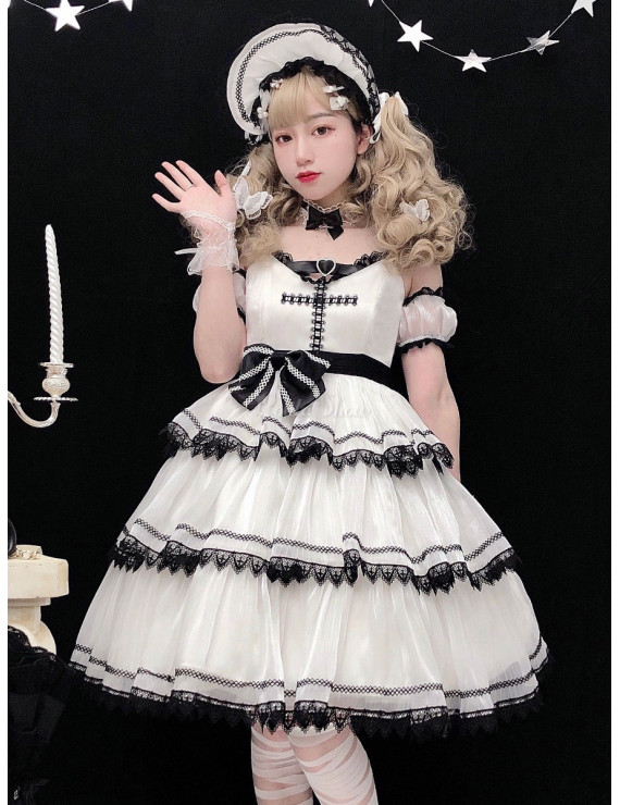 Lolita Jumper Skirt Gothic JSK Lolita Dress White Sleeveless Bows Dress