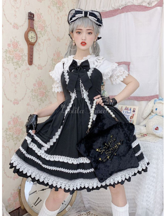 Sweet Lolita Dress Black Sleeveless Ruffles Two-Tone Dress