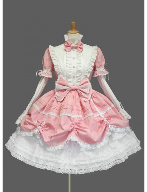Tailor-made Pink And White Cute Bows Sweet Lace Lolita Dress Short sleeve Dress