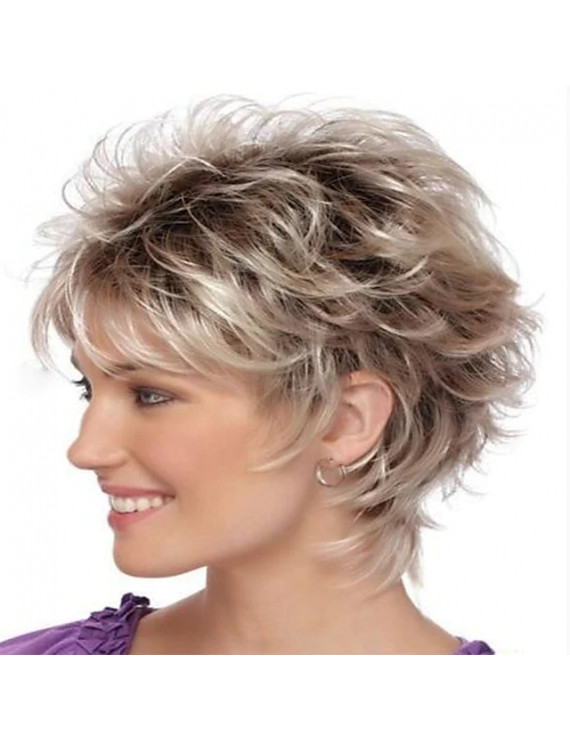 Short Blonde Pixie Cut Wavy Wigs for White Women Dark Brown Ombre Blonde Synthetic Hair Wigs