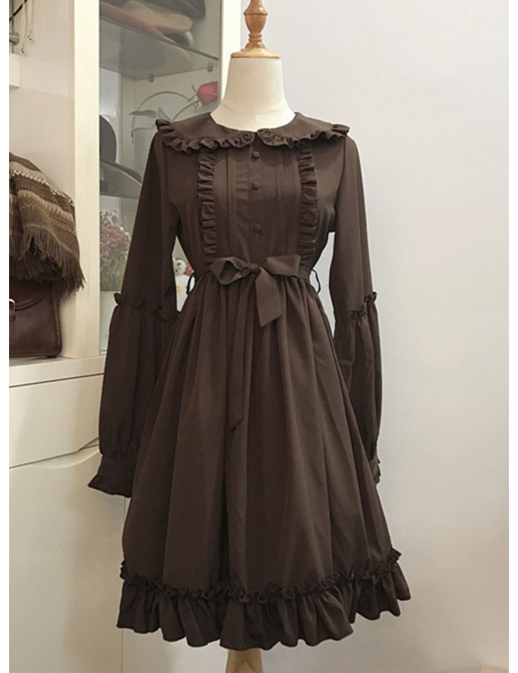 Tailor-made Pure Color Doll Collar Classic Lolita Dress Long Sleeves Dress for Female