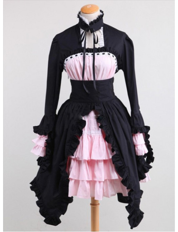 Tailor-made Cotton Black And Pink Lace Sweet Lolita Long Sleeve Maid Lolita Dress