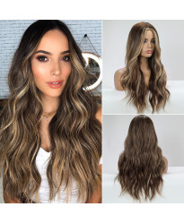light brown Mixed Color Long layered Wavy Synthetic Hair Full wigs with Bangs