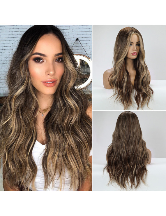 light brown Mixed Color Long layered Wavy Synthetic Hair Full wigs with Bangs