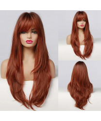 Long Straight Ombre Black Orange Wine Red Wig with Bangs