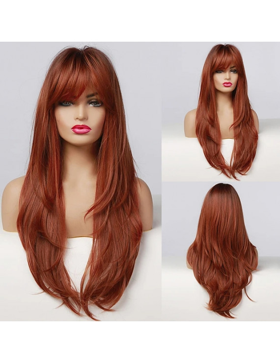Long Straight Ombre Black Orange Wine Red Wig with Bangs